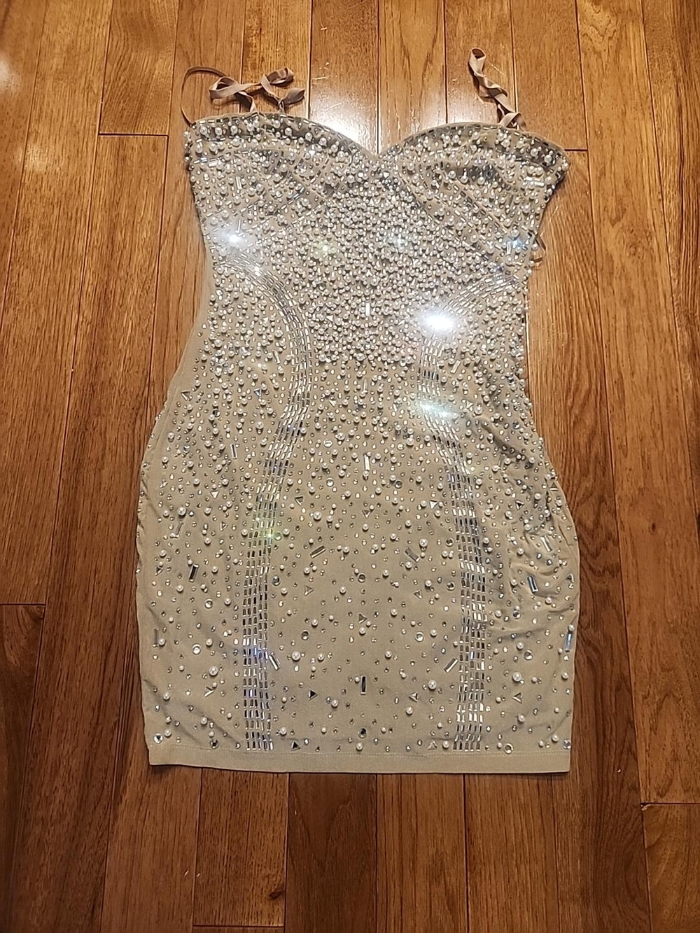 Champagne Rhinestone Pearl Bodycon Mini Size Large